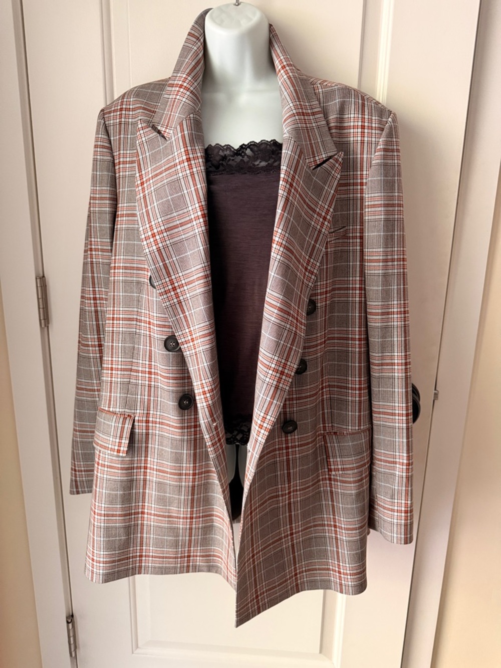 Free People Plaid Double-Breasted Blazer in Brown and Cream Plaid